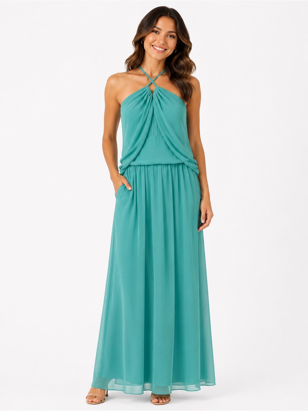 NWT Dot. Clothing Size Small Aqua Chiffon Halter Maxi Dress - Elegant